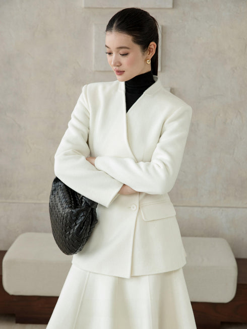 Wool V-Neck Jacket & Skirt Set